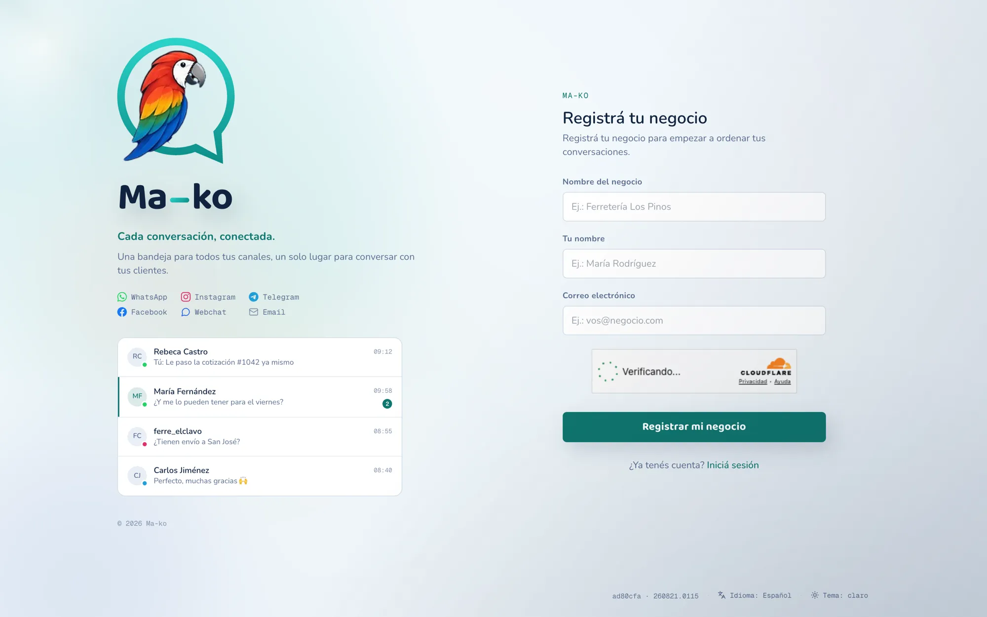 La pantalla Registrá tu negocio: nombre del negocio, tu nombre y tu correo.